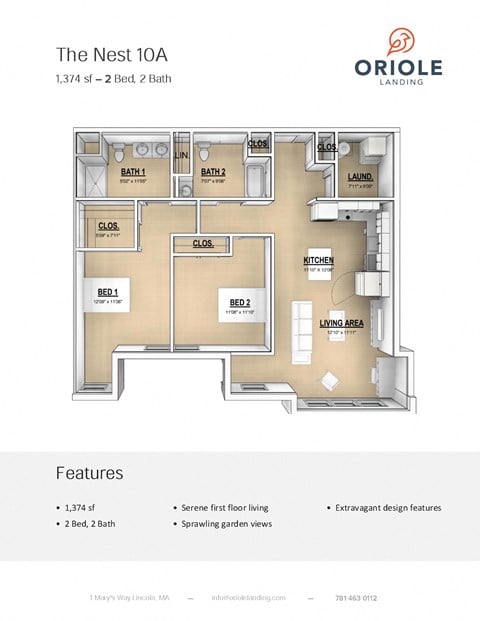 Floor plan for 2 beds, 2 baths, 1377 sqft